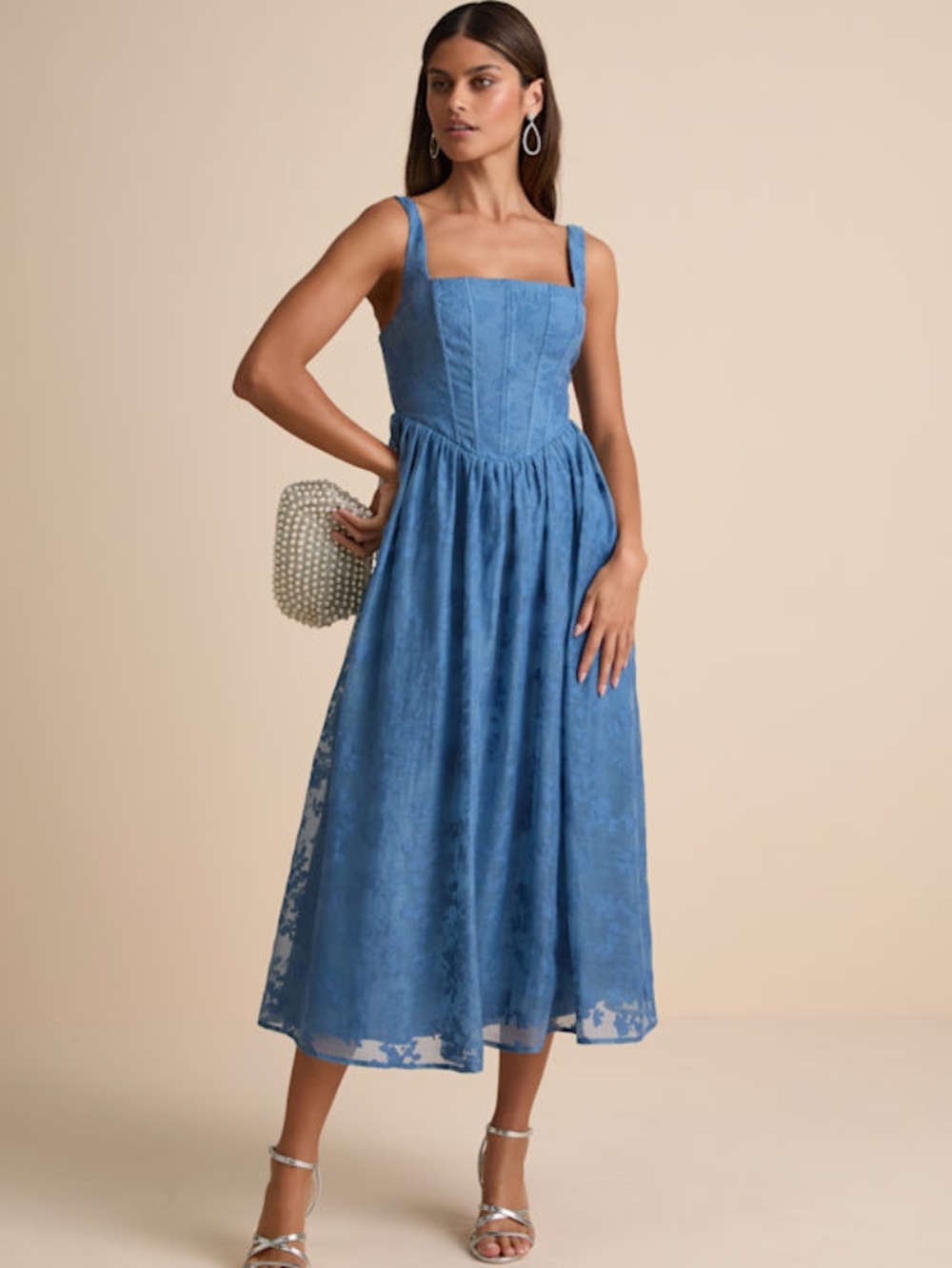 Lulus Colwyn Blue Floral Jacquard Bustier Midi Dress - Size L
